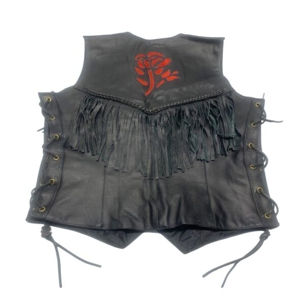 . NWT Leather Rose Motorcycle Jacket Fringe Black - Picture 2 of 14